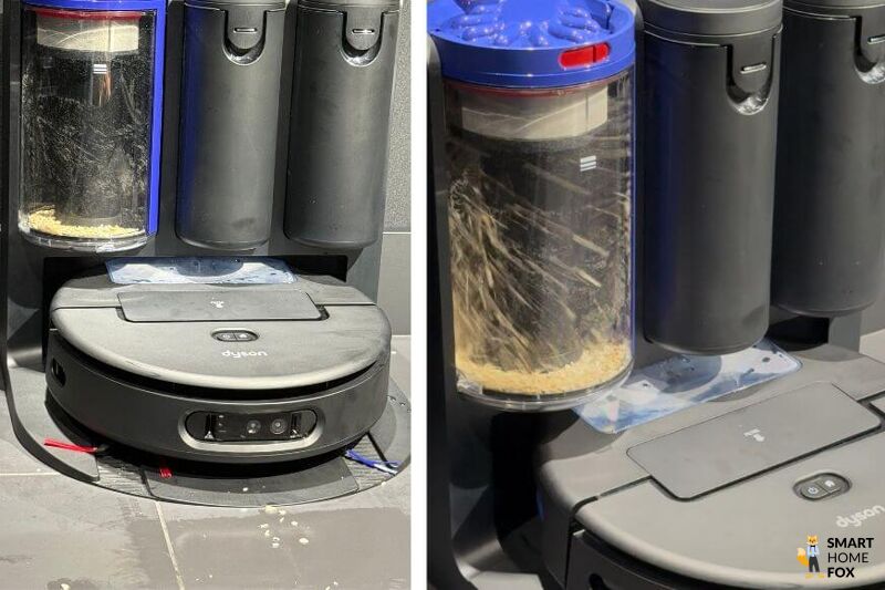 Die Dyson Dockingstation entleert Staub beutellos mit Zyklon-Technologie